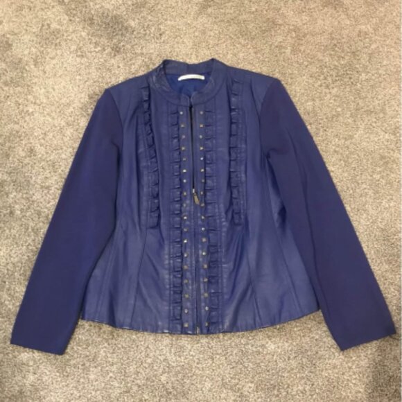 Peter Nygard Women's Cobalt Blue Ruffles & Studded Leather Jacket Size M - Picture 2 of 8